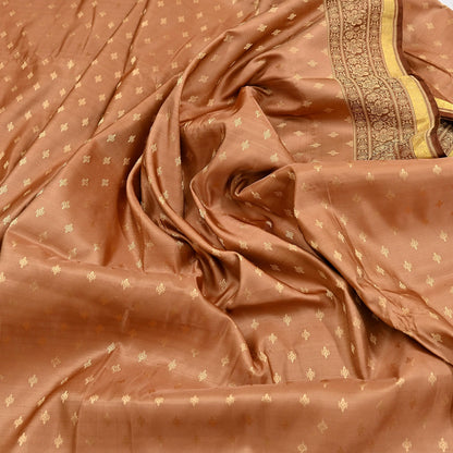 Indian Vintage Sari Brown & Beige Heavy Pure Satin Silk Woven Banarasi Tanchoi Saree 5Yd Ethnic Craft Fabric Upcycle Bridal Heavy Sarees