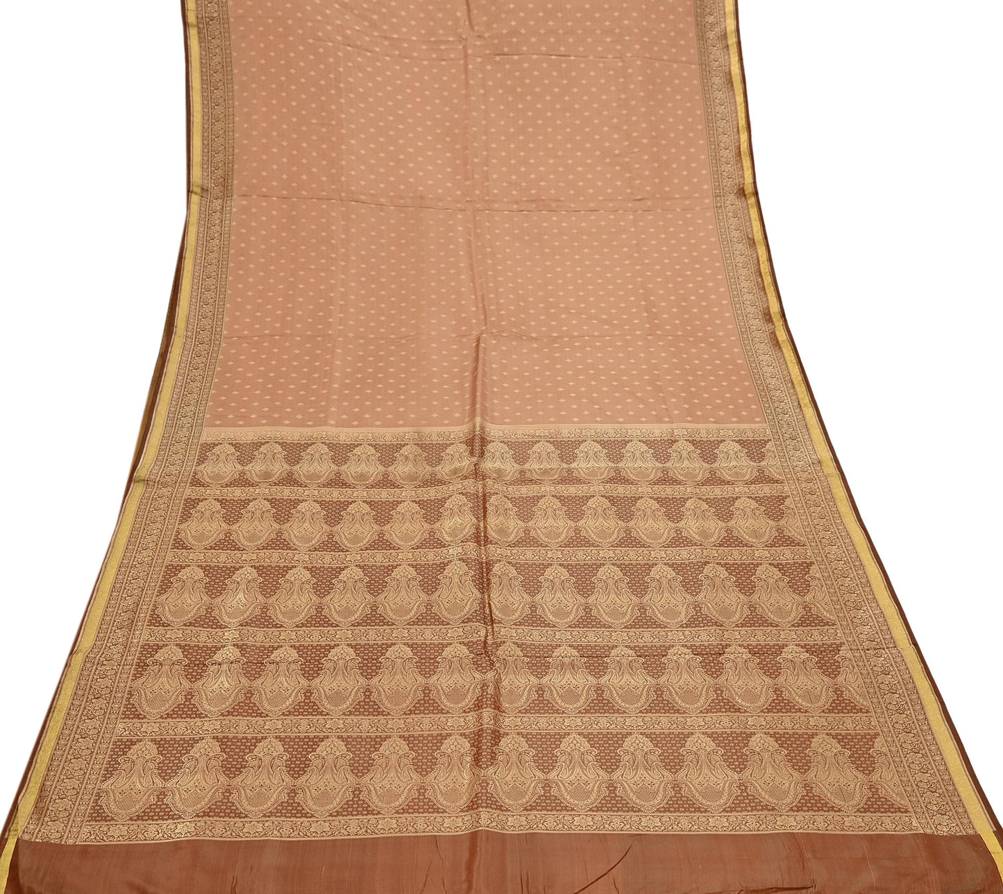 Indian Vintage Sari Brown & Beige Heavy Pure Satin Silk Woven Banarasi Tanchoi Saree 5Yd Ethnic Craft Fabric Upcycle Bridal Heavy Sarees