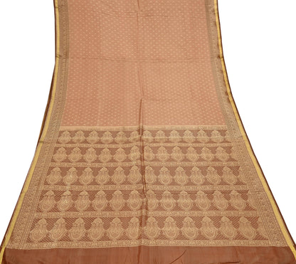 Indian Vintage Sari Brown & Beige Heavy Pure Satin Silk Woven Banarasi Tanchoi Saree 5Yd Ethnic Craft Fabric Upcycle Bridal Heavy Sarees