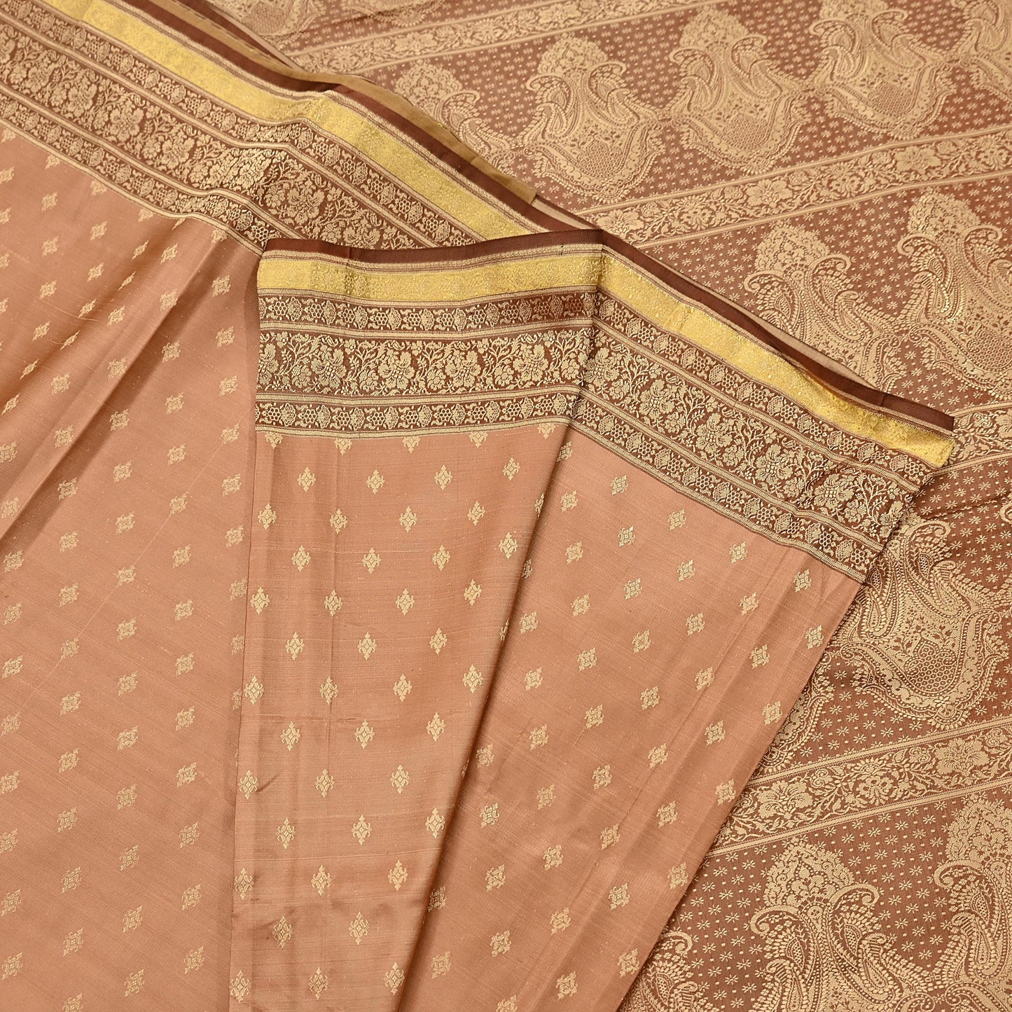 Indian Vintage Sari Brown & Beige Heavy Pure Satin Silk Woven Banarasi Tanchoi Saree 5Yd Ethnic Craft Fabric Upcycle Bridal Heavy Sarees