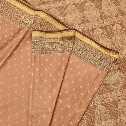Indian Vintage Sari Brown & Beige Heavy Pure Satin Silk Woven Banarasi Tanchoi Saree 5Yd Ethnic Craft Fabric Upcycle Bridal Heavy Sarees