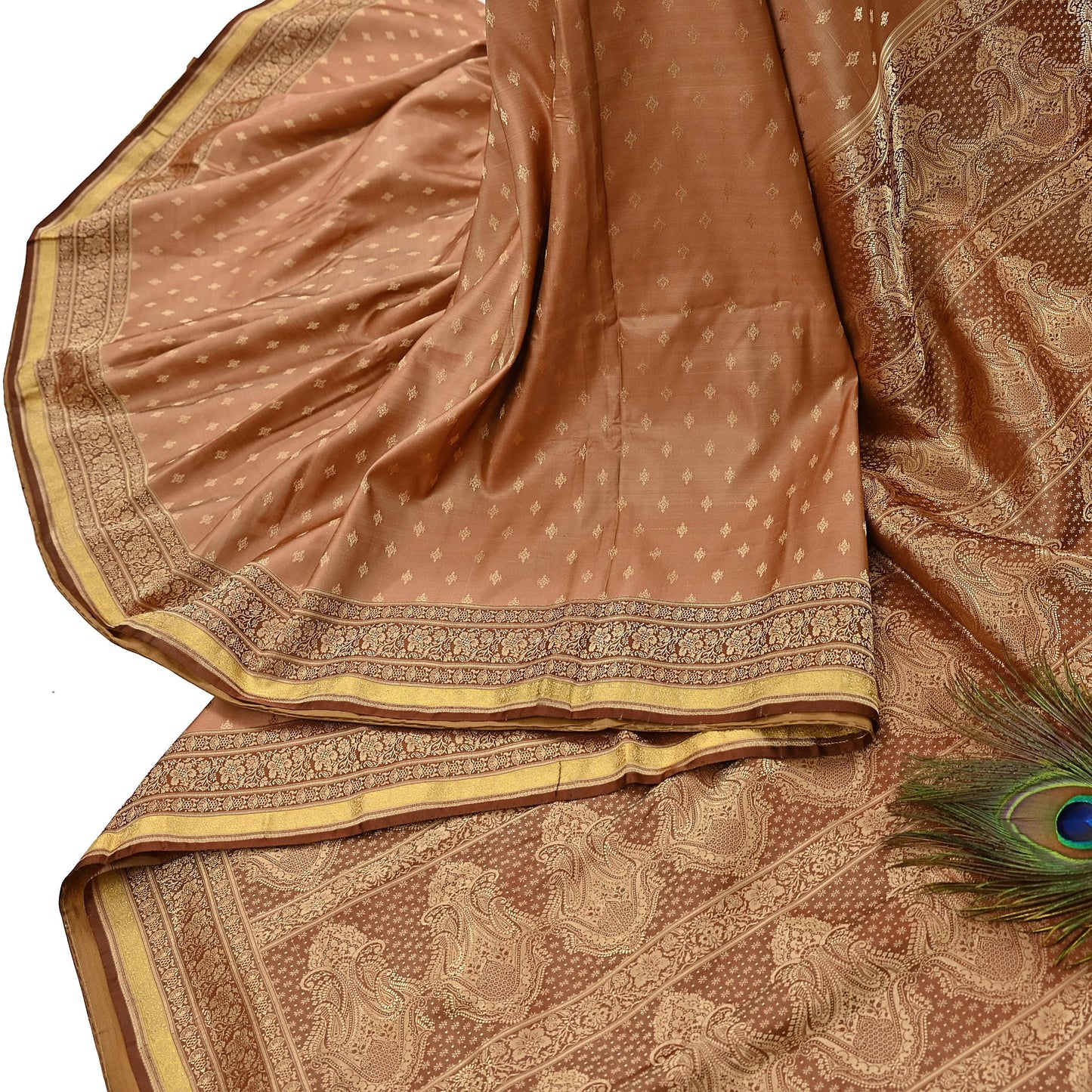 Indian Vintage Sari Brown & Beige Heavy Pure Satin Silk Woven Banarasi Tanchoi Saree 5Yd Ethnic Craft Fabric Upcycle Bridal Heavy Sarees