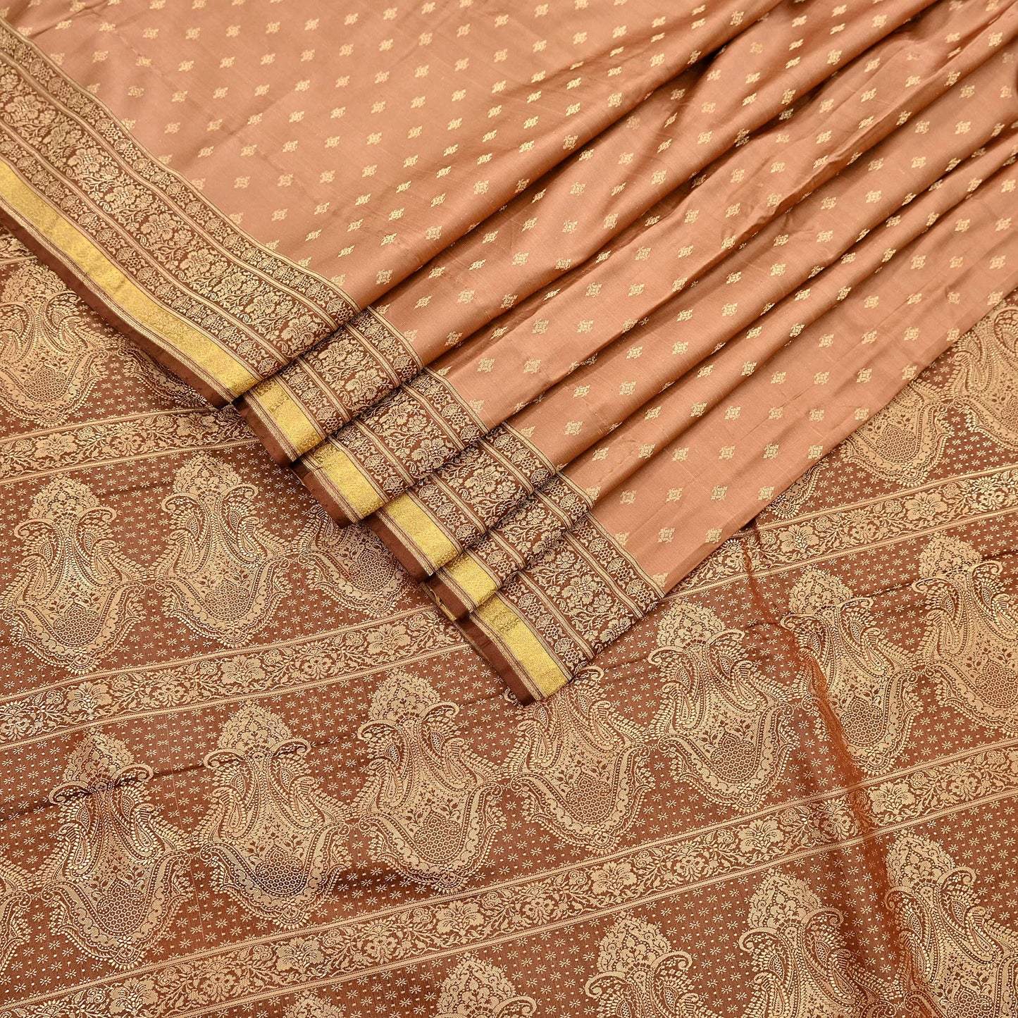 Indian Vintage Sari Brown & Beige Heavy Pure Satin Silk Woven Banarasi Tanchoi Saree 5Yd Ethnic Craft Fabric Upcycle Bridal Heavy Sarees
