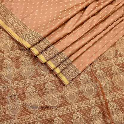 Indian Vintage Sari Brown & Beige Heavy Pure Satin Silk Woven Banarasi Tanchoi Saree 5Yd Ethnic Craft Fabric Upcycle Bridal Heavy Sarees