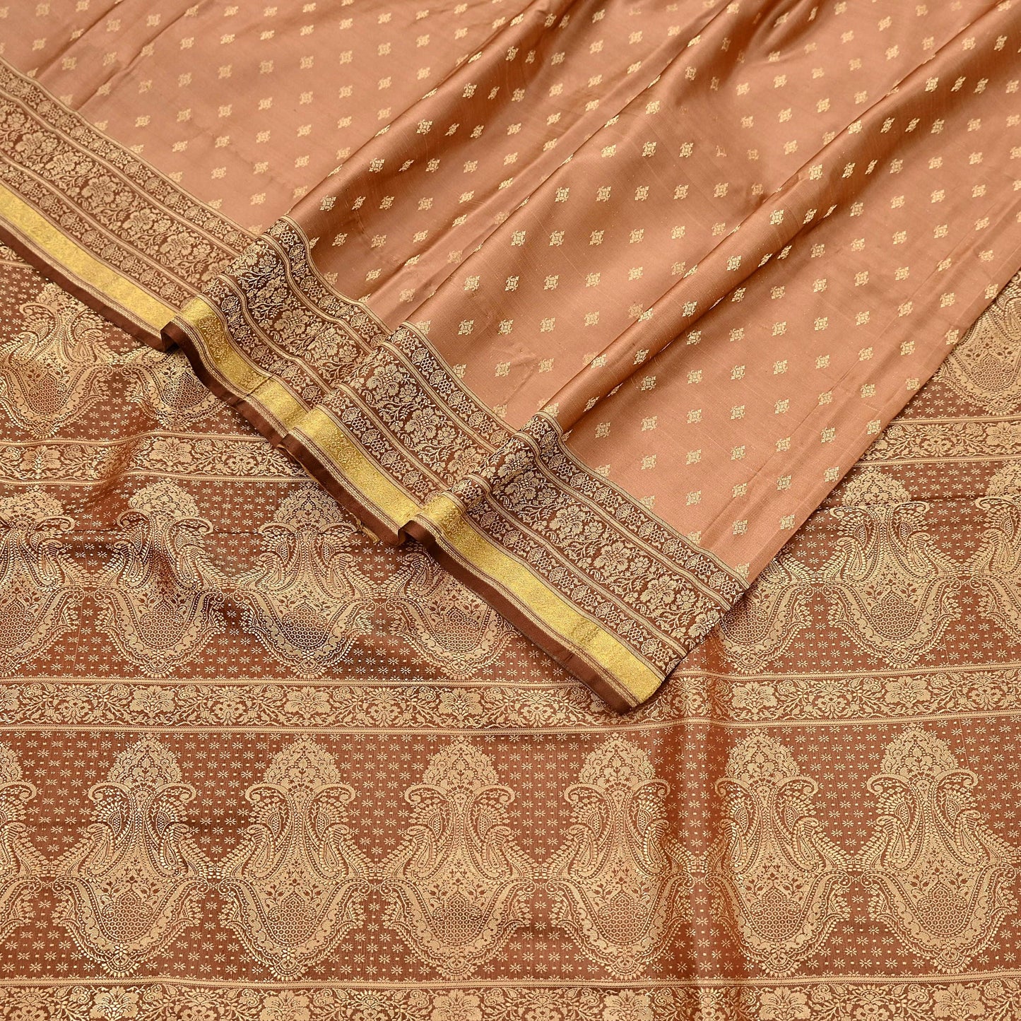 Indian Vintage Sari Brown & Beige Heavy Pure Satin Silk Woven Banarasi Tanchoi Saree 5Yd Ethnic Craft Fabric Upcycle Bridal Heavy Sarees