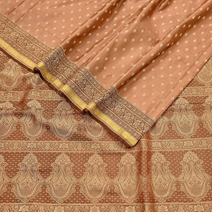 Indian Vintage Sari Brown & Beige Heavy Pure Satin Silk Woven Banarasi Tanchoi Saree 5Yd Ethnic Craft Fabric Upcycle Bridal Heavy Sarees