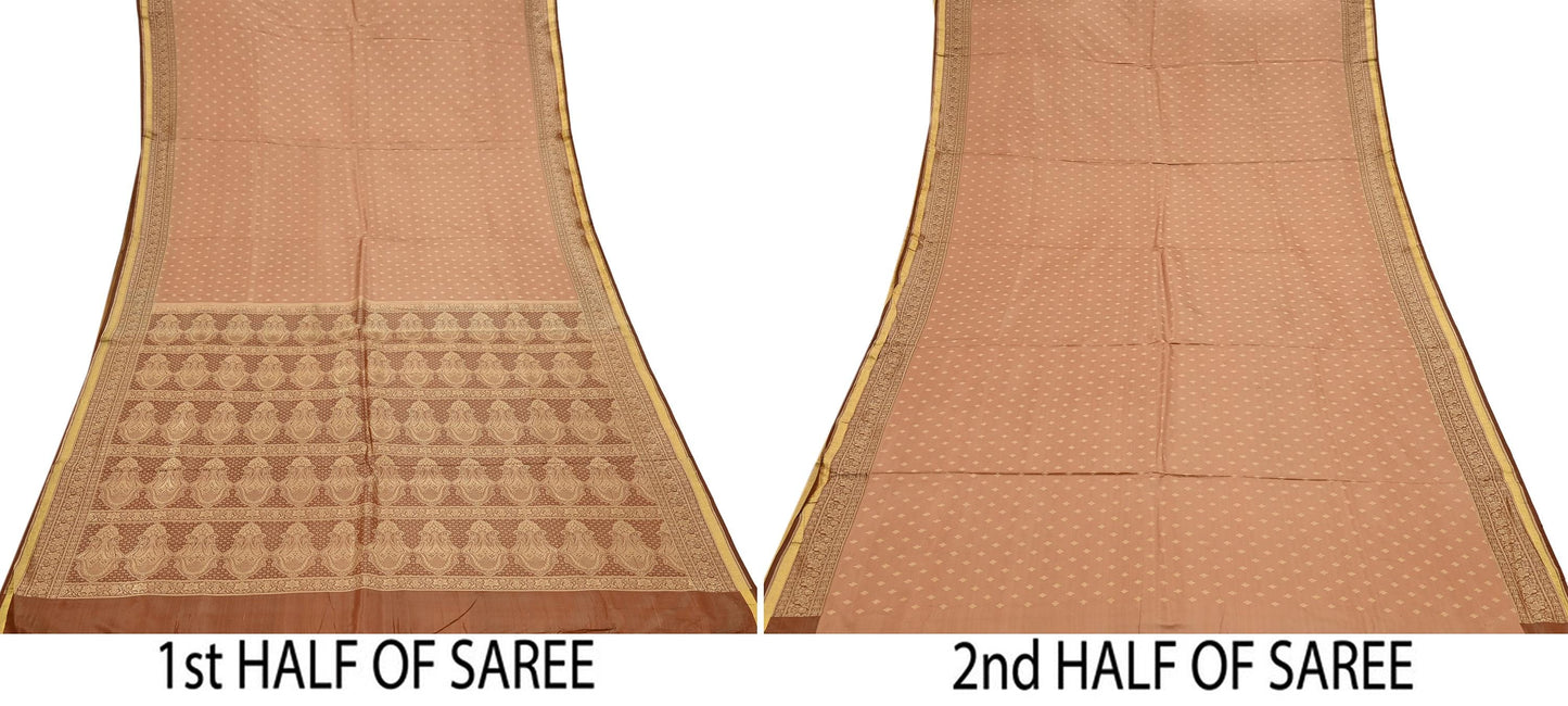 Indian Vintage Sari Brown & Beige Heavy Pure Satin Silk Woven Banarasi Tanchoi Saree 5Yd Ethnic Craft Fabric Upcycle Bridal Heavy Sarees