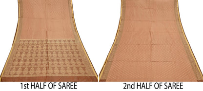Indian Vintage Sari Brown & Beige Heavy Pure Satin Silk Woven Banarasi Tanchoi Saree 5Yd Ethnic Craft Fabric Upcycle Bridal Heavy Sarees