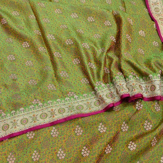 Indian Vintage Sari Green Heavy Pure Satin Silk Woven Banarasi Tanchoi Saree 5Yd Ethnic Craft Fabric Upcycle Bridal Heavy Sarees