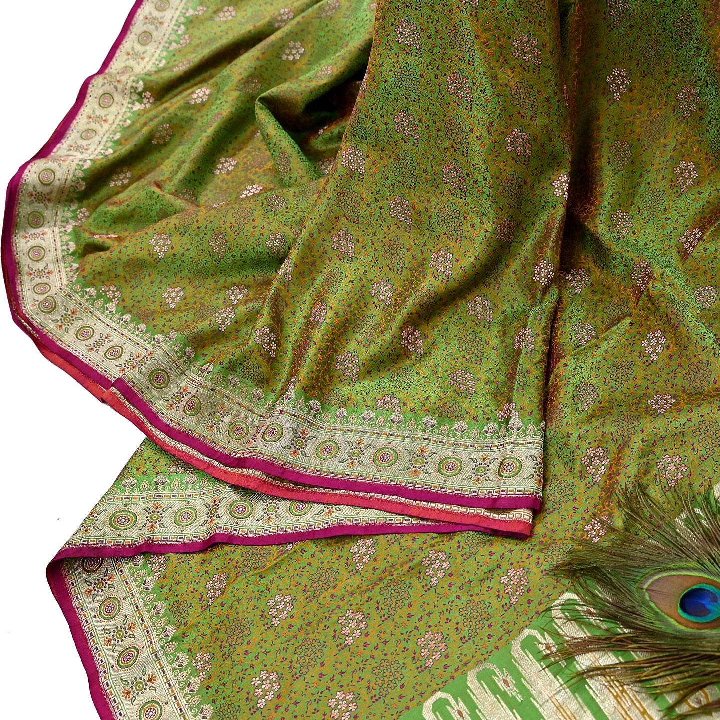 Indian Vintage Sari Green Heavy Pure Satin Silk Woven Banarasi Tanchoi Saree 5Yd Ethnic Craft Fabric Upcycle Bridal Heavy Sarees