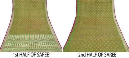 Indian Vintage Sari Green Heavy Pure Satin Silk Woven Banarasi Tanchoi Saree 5Yd Ethnic Craft Fabric Upcycle Bridal Heavy Sarees
