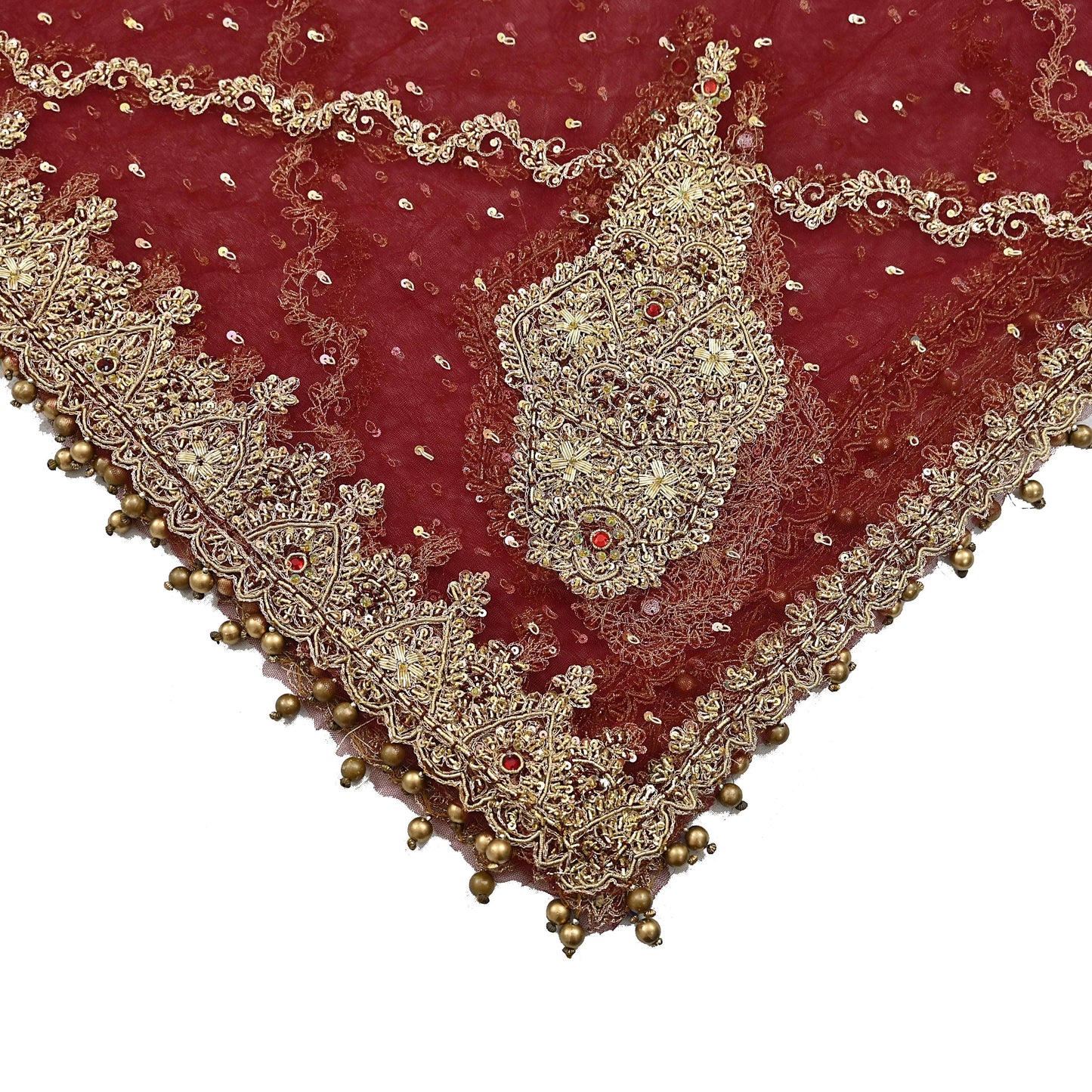 Indian Vintage Heavy Wedding Maroon Dupatta Net Mesh Long Stole Hand Embroidered Scarves Golden Zardozi Zari Sequins Dridal Veil Hijab