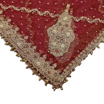 Indian Vintage Heavy Wedding Maroon Dupatta Net Mesh Long Stole Hand Embroidered Scarves Golden Zardozi Zari Sequins Dridal Veil Hijab