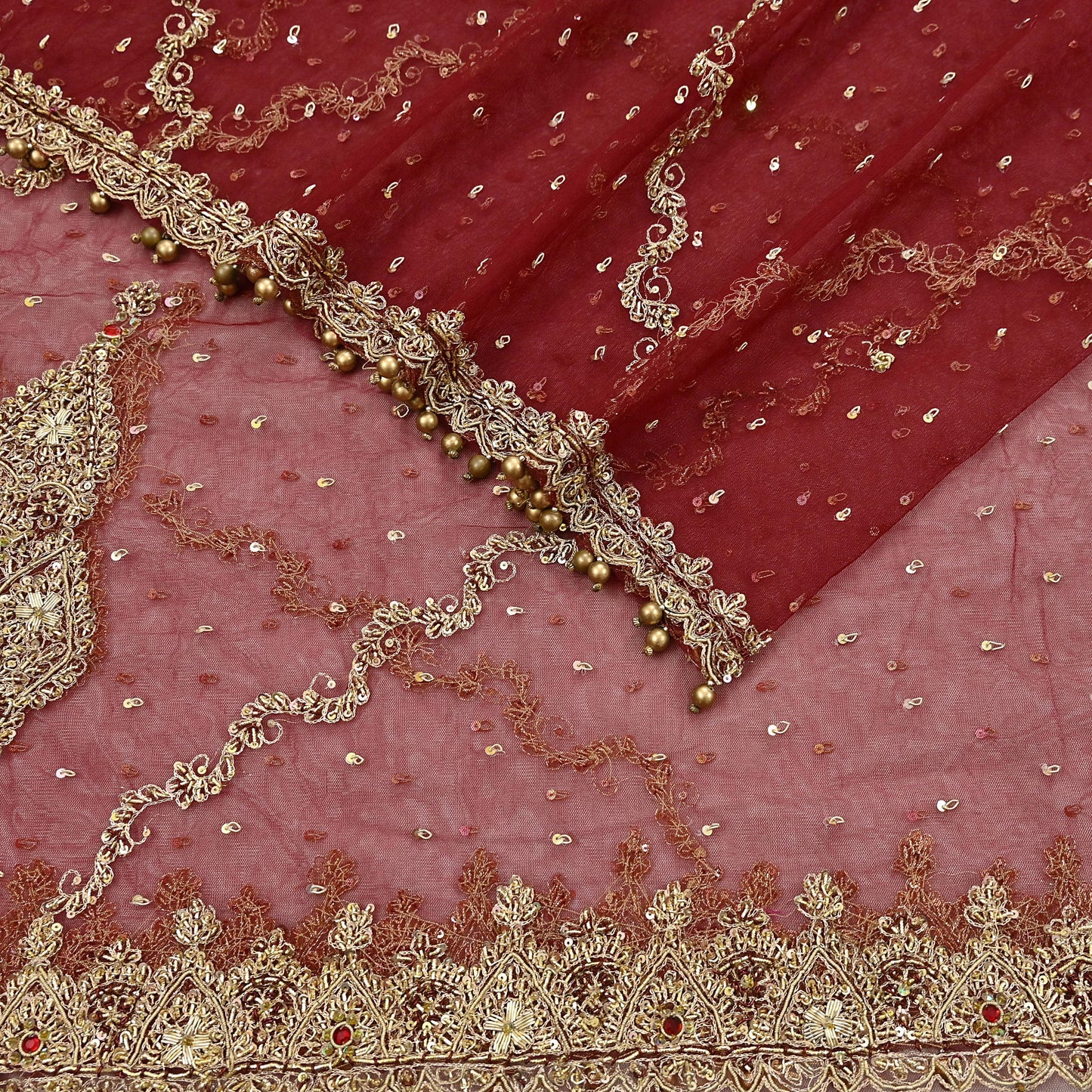Indian Vintage Heavy Wedding Maroon Dupatta Net Mesh Long Stole Hand Embroidered Scarves Golden Zardozi Zari Sequins Dridal Veil Hijab