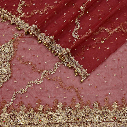 Indian Vintage Heavy Wedding Maroon Dupatta Net Mesh Long Stole Hand Embroidered Scarves Golden Zardozi Zari Sequins Dridal Veil Hijab