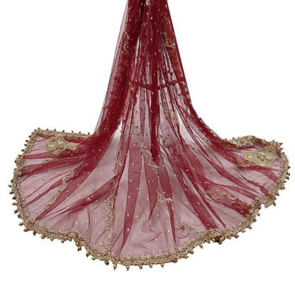 Indian Vintage Heavy Wedding Maroon Dupatta Net Mesh Long Stole Hand Embroidered Scarves Golden Zardozi Zari Sequins Dridal Veil Hijab