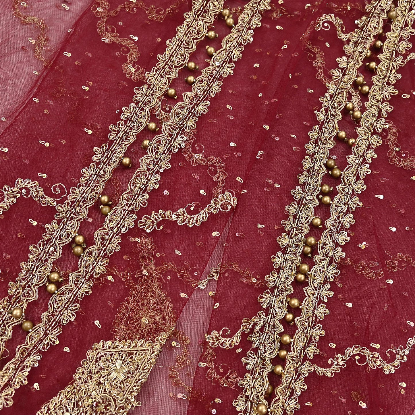 Indian Vintage Heavy Wedding Maroon Dupatta Net Mesh Long Stole Hand Embroidered Scarves Golden Zardozi Zari Sequins Dridal Veil Hijab