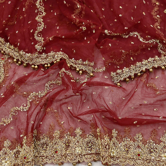 Indian Vintage Heavy Wedding Maroon Dupatta Net Mesh Long Stole Hand Embroidered Scarves Golden Zardozi Zari Sequins Dridal Veil Hijab