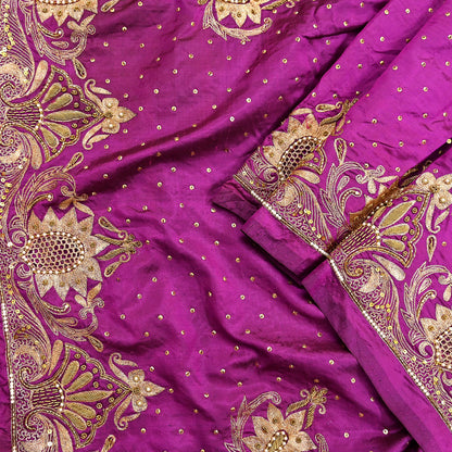 Indian Vintage Heavy Purple Dupatta Pure Silk Long Stole Hand Embroidered Scarves Dabka Zardozi Zari Stole