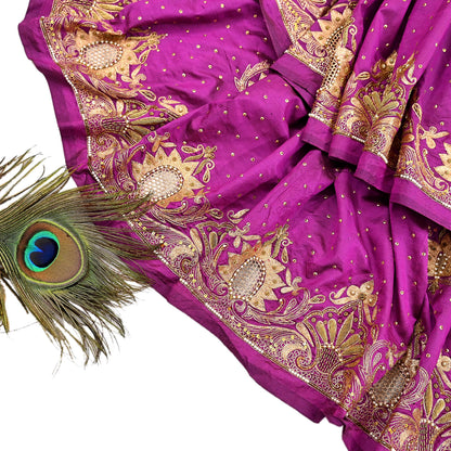 Indian Vintage Heavy Purple Dupatta Pure Silk Long Stole Hand Embroidered Scarves Dabka Zardozi Zari Stole