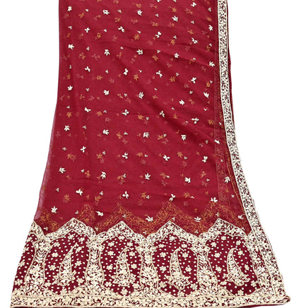 Indian Vintage Heavy Red Dupatta Net Mesh Long Stole Hand Embroidered Scarves Golden Zardozi Zari Sequins Stole