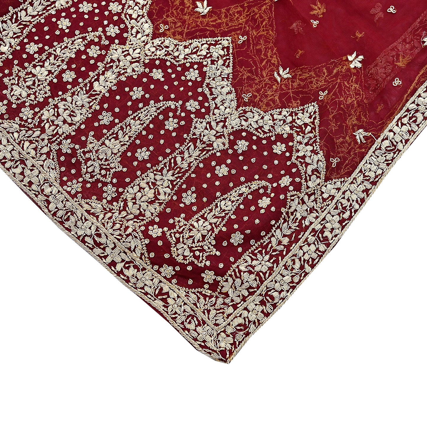 Indian Vintage Heavy Red Dupatta Net Mesh Long Stole Hand Embroidered Scarves Golden Zardozi Zari Sequins Stole