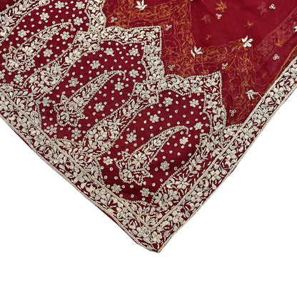 Indian Vintage Heavy Red Dupatta Net Mesh Long Stole Hand Embroidered Scarves Golden Zardozi Zari Sequins Stole