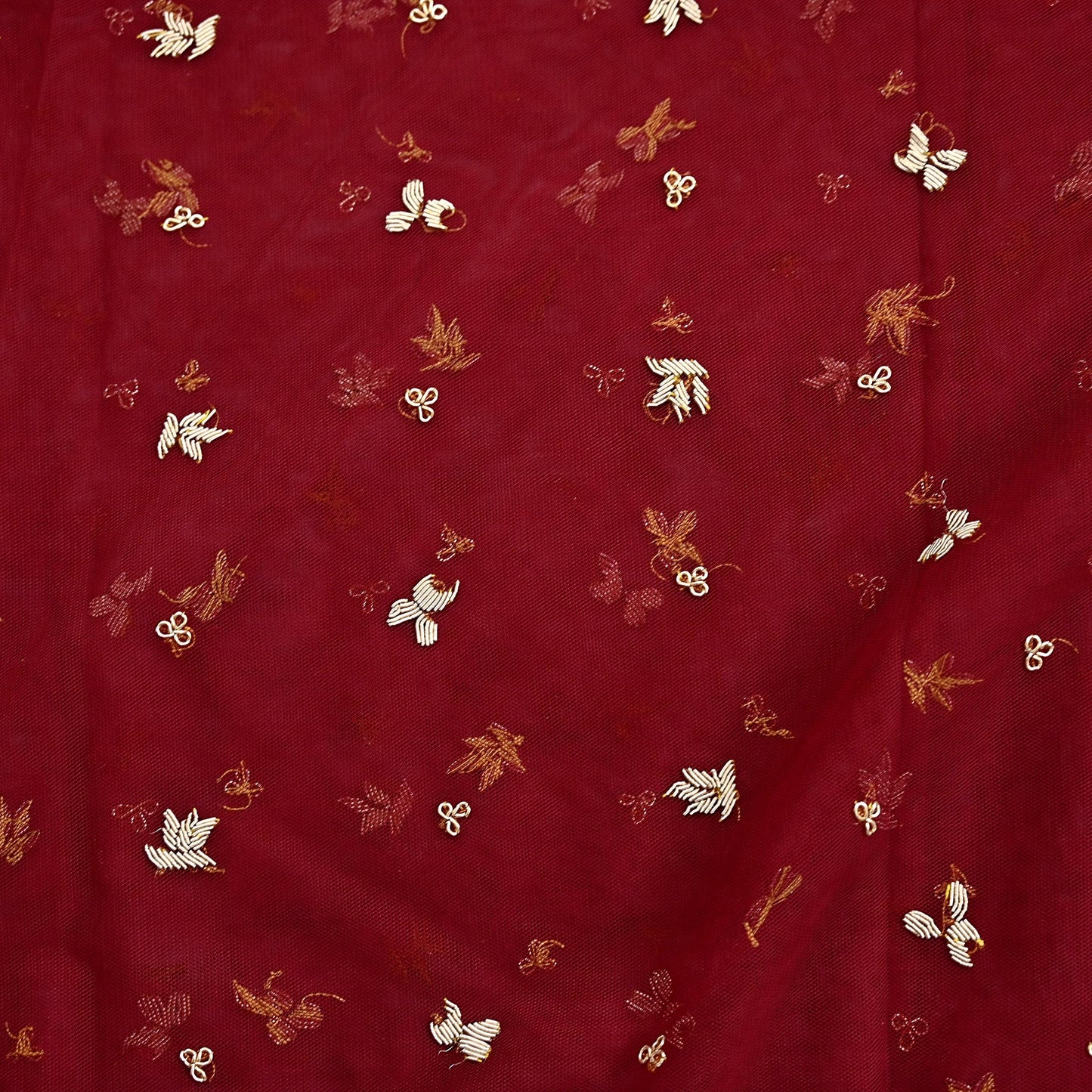 Indian Vintage Heavy Red Dupatta Net Mesh Long Stole Hand Embroidered Scarves Golden Zardozi Zari Sequins Stole