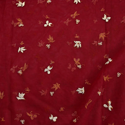 Indian Vintage Heavy Red Dupatta Net Mesh Long Stole Hand Embroidered Scarves Golden Zardozi Zari Sequins Stole