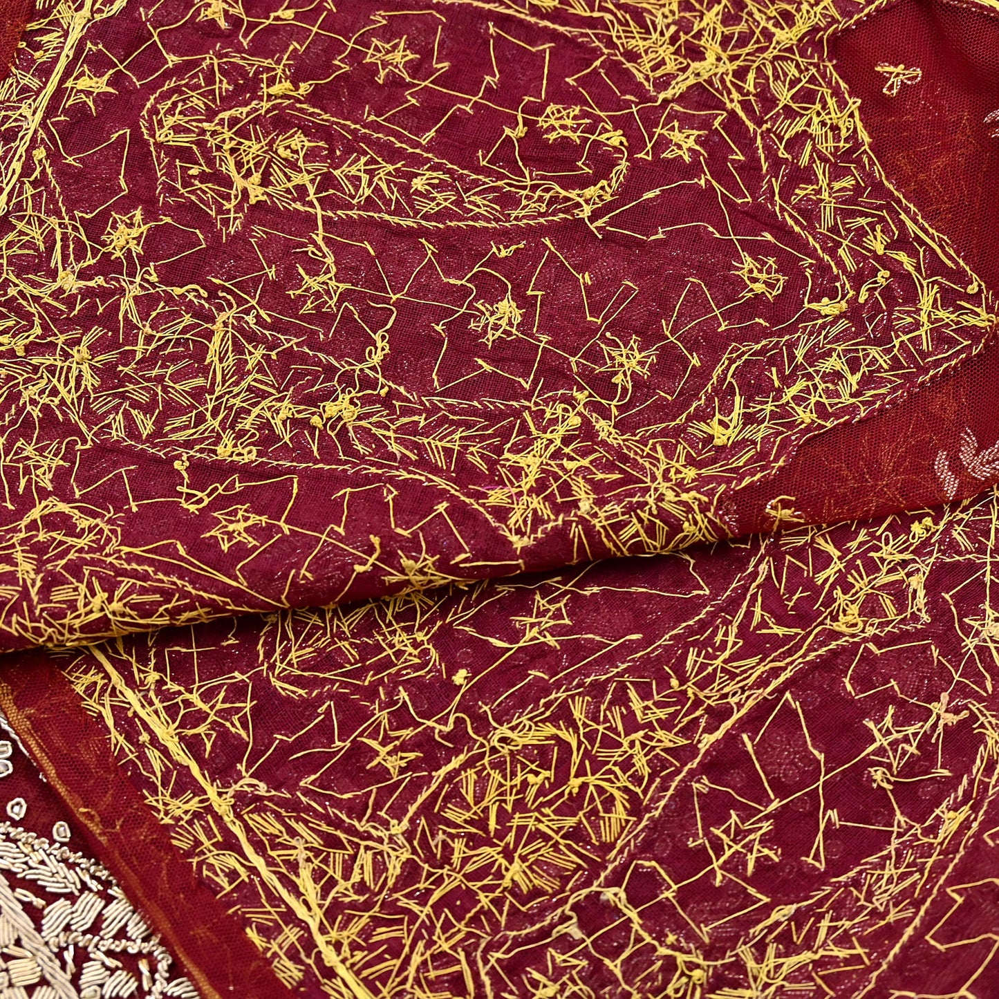 Indian Vintage Heavy Red Dupatta Net Mesh Long Stole Hand Embroidered Scarves Golden Zardozi Zari Sequins Stole