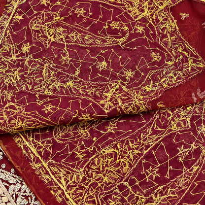 Indian Vintage Heavy Red Dupatta Net Mesh Long Stole Hand Embroidered Scarves Golden Zardozi Zari Sequins Stole
