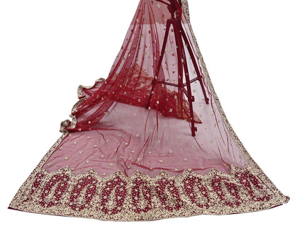 Indian Vintage Heavy Red Dupatta Net Mesh Long Stole Hand Embroidered Scarves Golden Zardozi Zari Sequins Stole
