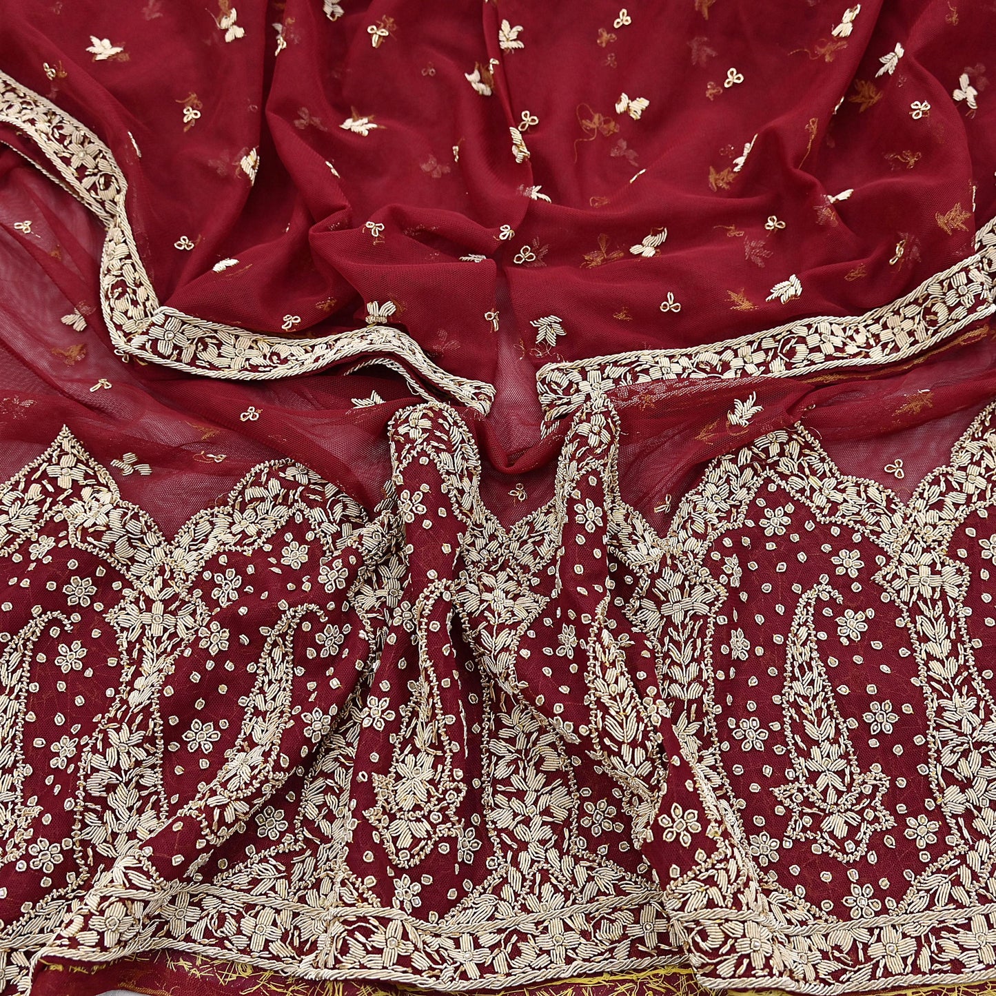 Indian Vintage Heavy Red Dupatta Net Mesh Long Stole Hand Embroidered Scarves Golden Zardozi Zari Sequins Stole
