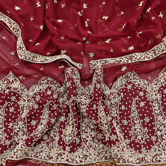 Indian Vintage Heavy Red Dupatta Net Mesh Long Stole Hand Embroidered Scarves Golden Zardozi Zari Sequins Stole