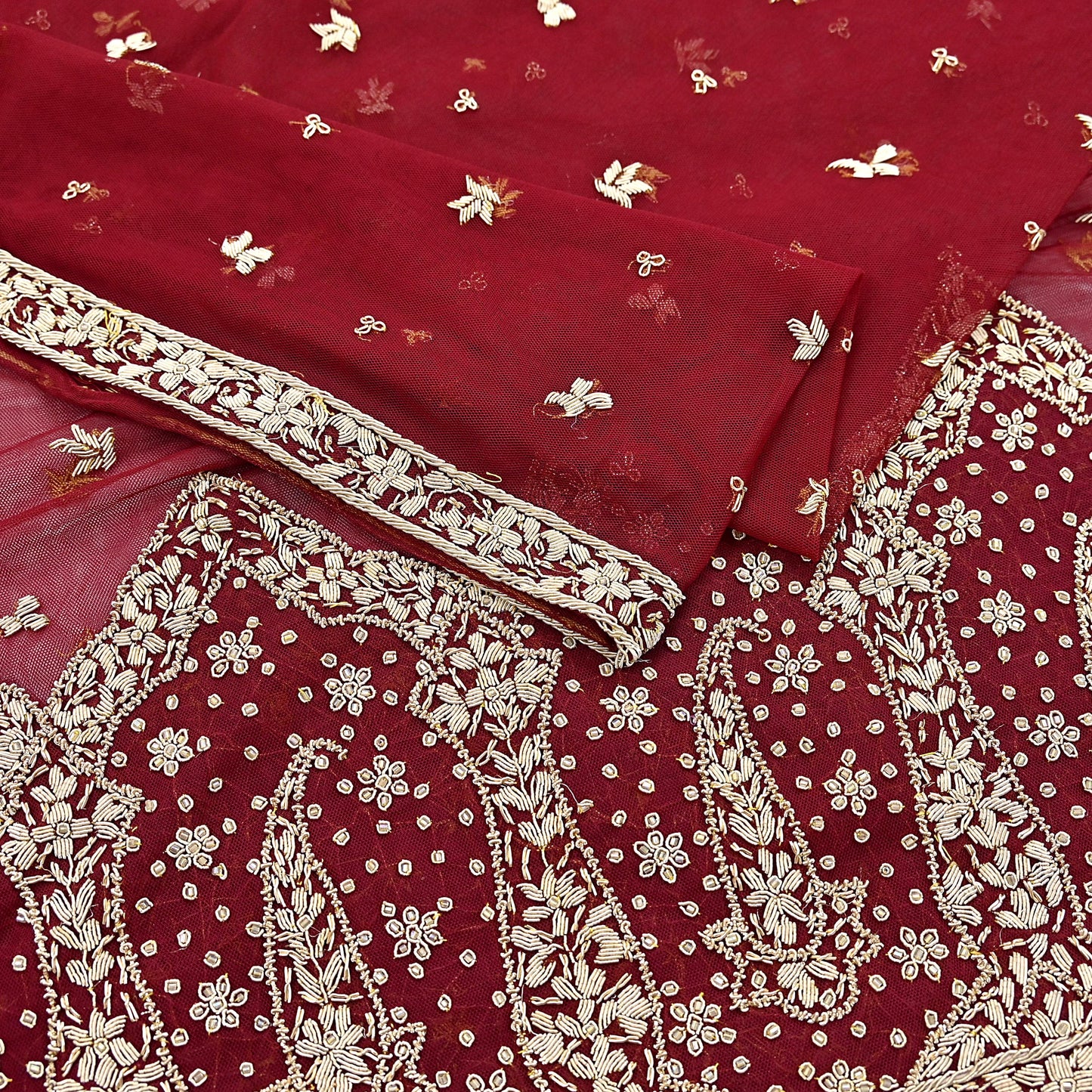 Indian Vintage Heavy Red Dupatta Net Mesh Long Stole Hand Embroidered Scarves Golden Zardozi Zari Sequins Stole