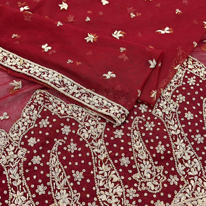 Indian Vintage Heavy Red Dupatta Net Mesh Long Stole Hand Embroidered Scarves Golden Zardozi Zari Sequins Stole