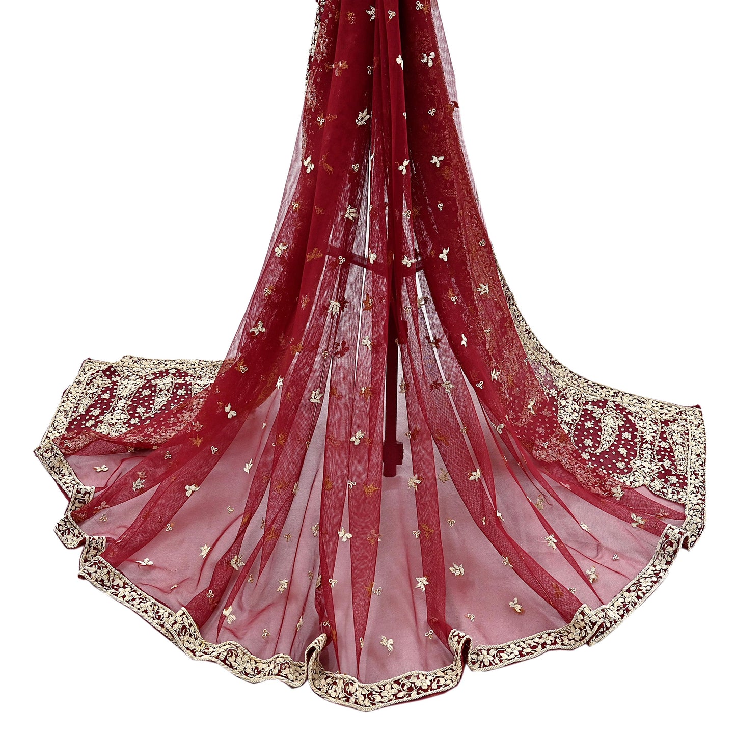 Indian Vintage Heavy Red Dupatta Net Mesh Long Stole Hand Embroidered Scarves Golden Zardozi Zari Sequins Stole