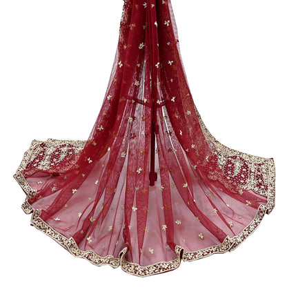 Indian Vintage Heavy Red Dupatta Net Mesh Long Stole Hand Embroidered Scarves Golden Zardozi Zari Sequins Stole