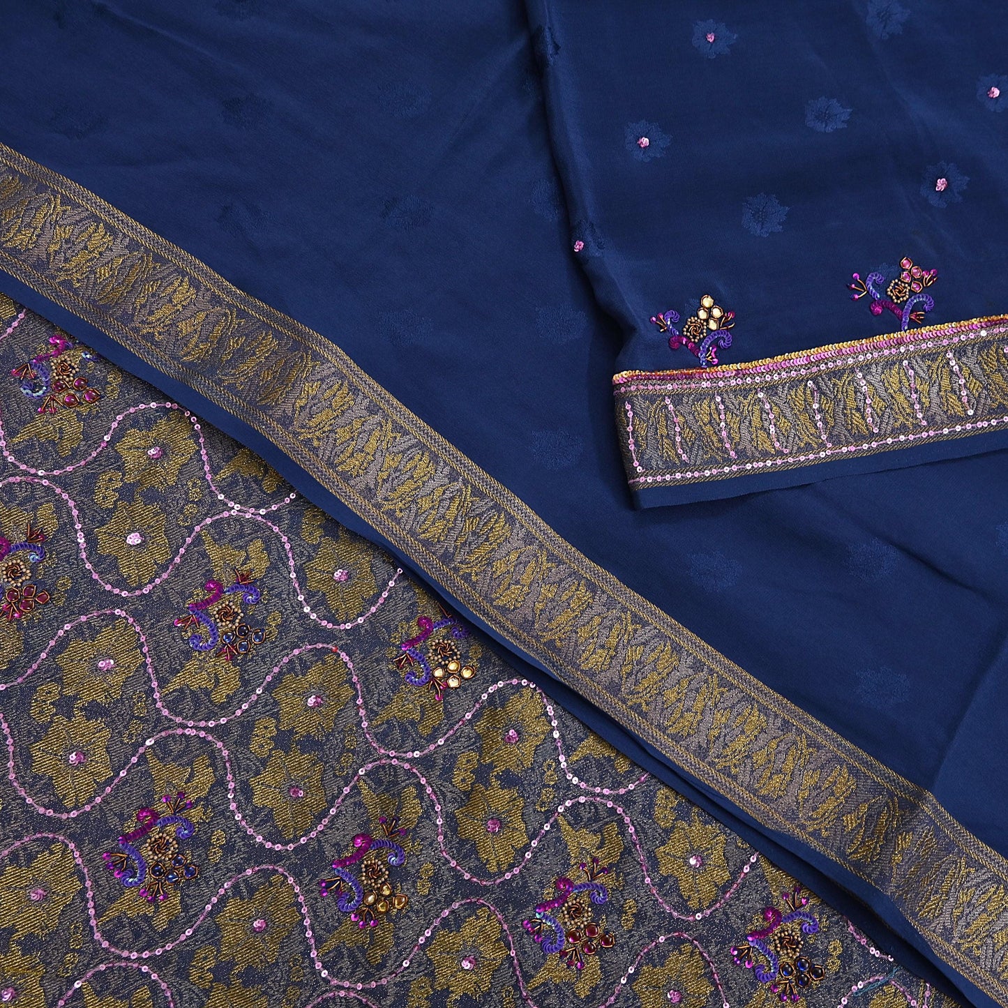 Indian Vintage Heavy Sari Blue Pure Crepe Silk Hand Embroidered Sarees Craft Fabric 6Yd Sewing Zardozi Dress making