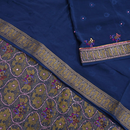 Indian Vintage Heavy Sari Blue Pure Crepe Silk Hand Embroidered Sarees Craft Fabric 6Yd Sewing Zardozi Dress making