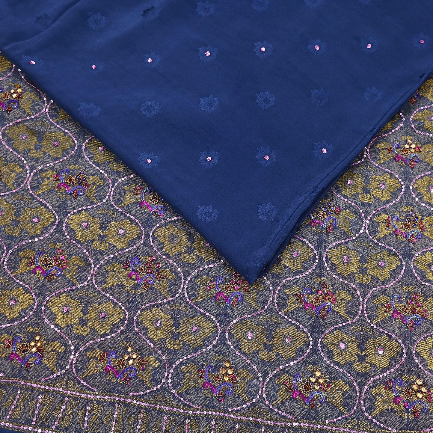 Indian Vintage Heavy Sari Blue Pure Crepe Silk Hand Embroidered Sarees Craft Fabric 6Yd Sewing Zardozi Dress making