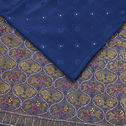 Indian Vintage Heavy Sari Blue Pure Crepe Silk Hand Embroidered Sarees Craft Fabric 6Yd Sewing Zardozi Dress making