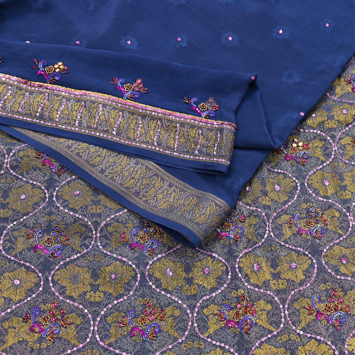 Indian Vintage Heavy Sari Blue Pure Crepe Silk Hand Embroidered Sarees Craft Fabric 6Yd Sewing Zardozi Dress making