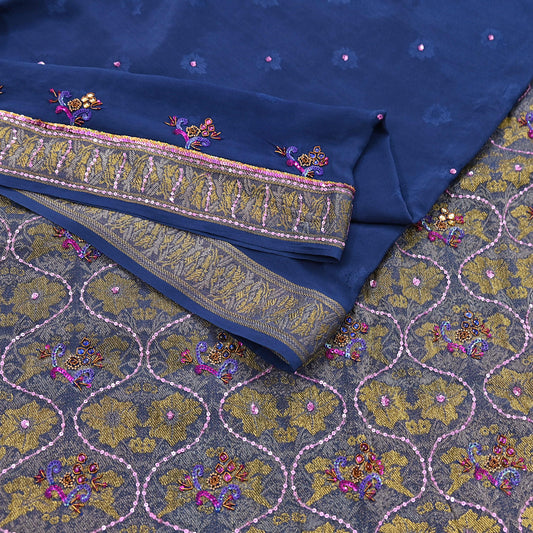 Indian Vintage Heavy Sari Blue Pure Crepe Silk Hand Embroidered Sarees Craft Fabric 6Yd Sewing Zardozi Dress making