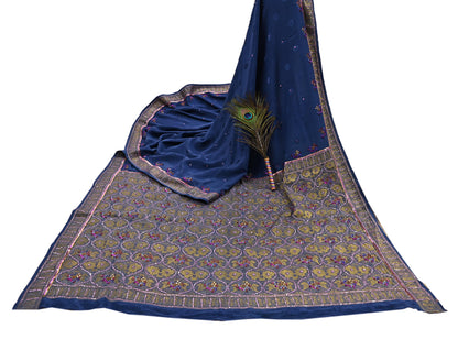 Indian Vintage Heavy Sari Blue Pure Crepe Silk Hand Embroidered Sarees Craft Fabric 6Yd Sewing Zardozi Dress making