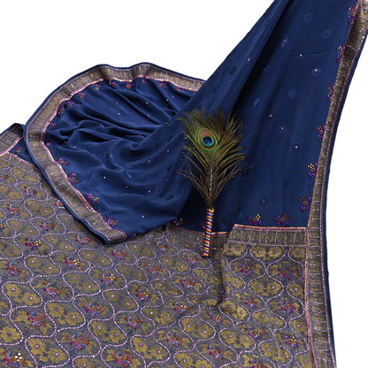 Indian Vintage Heavy Sari Blue Pure Crepe Silk Hand Embroidered Sarees Craft Fabric 6Yd Sewing Zardozi Dress making