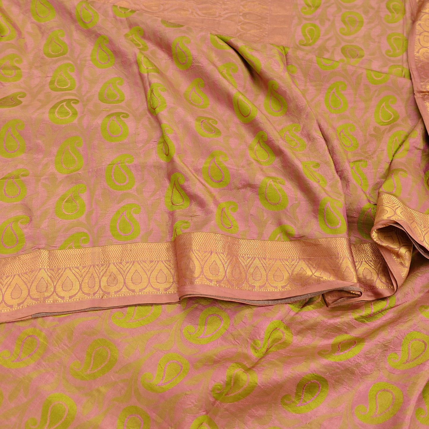 Vintage Kanjivaram Silk Saree Peach & Green Pure Silk Zari Fabric Indian Handwoven 5Yd Craft Material Dressmaking Textile