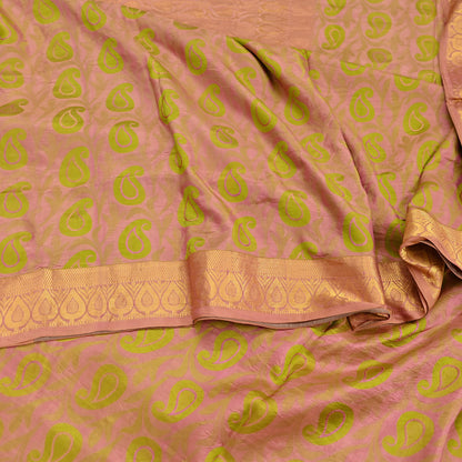 Vintage Kanjivaram Silk Saree Peach & Green Pure Silk Zari Fabric Indian Handwoven 5Yd Craft Material Dressmaking Textile