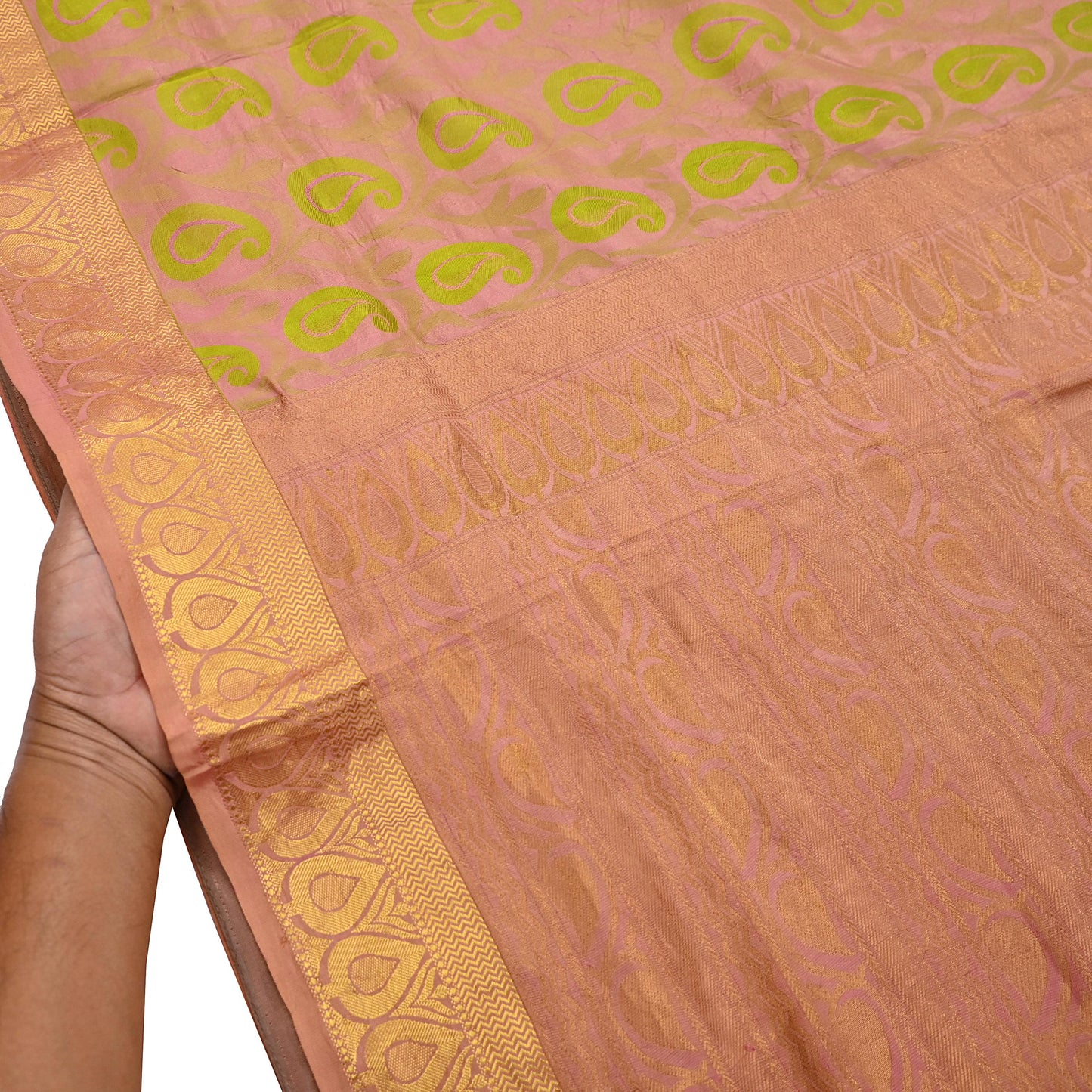 Vintage Kanjivaram Silk Saree Peach & Green Pure Silk Zari Fabric Indian Handwoven 5Yd Craft Material Dressmaking Textile