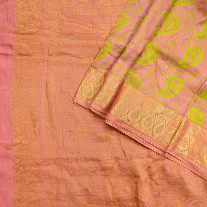 Vintage Kanjivaram Silk Saree Peach & Green Pure Silk Zari Fabric Indian Handwoven 5Yd Craft Material Dressmaking Textile